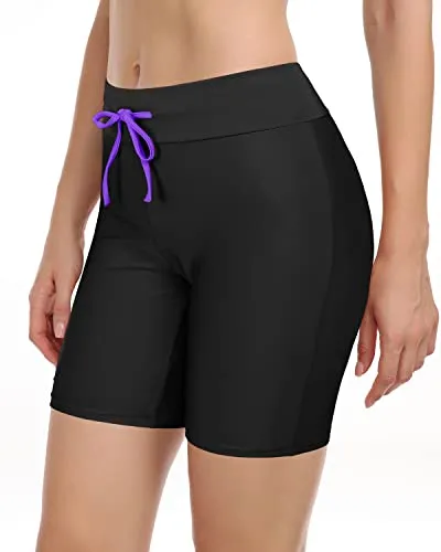 Women's Swim Shorts With Tummy Control Long Board Shorts-Black Purple