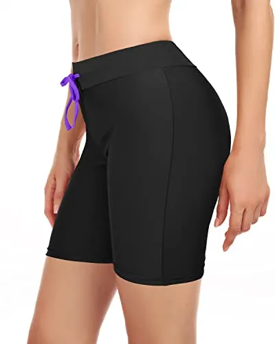 Women's Swim Shorts With Tummy Control Long Board Shorts-Black Purple