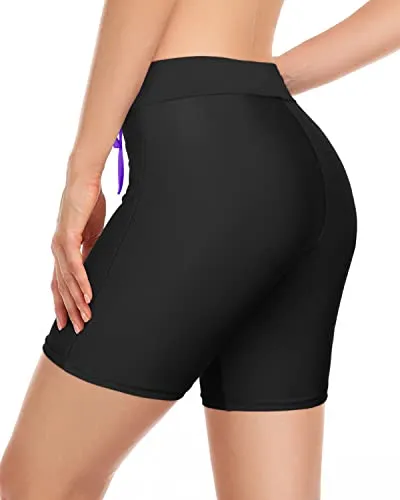 Women's Swim Shorts With Tummy Control Long Board Shorts-Black Purple