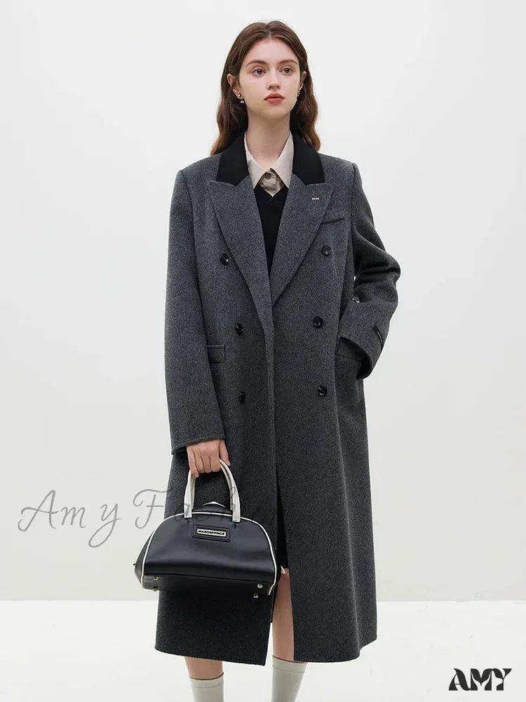 Wool Temperament Dark Grey Front Shoulder Long Notched Collar Double Breasted Female Coat